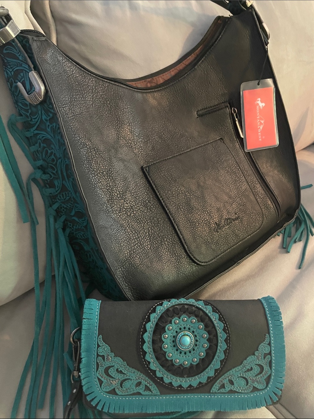 Montana West Black Leather Shoulder Bag with Teal Fringe and Matching Wallet